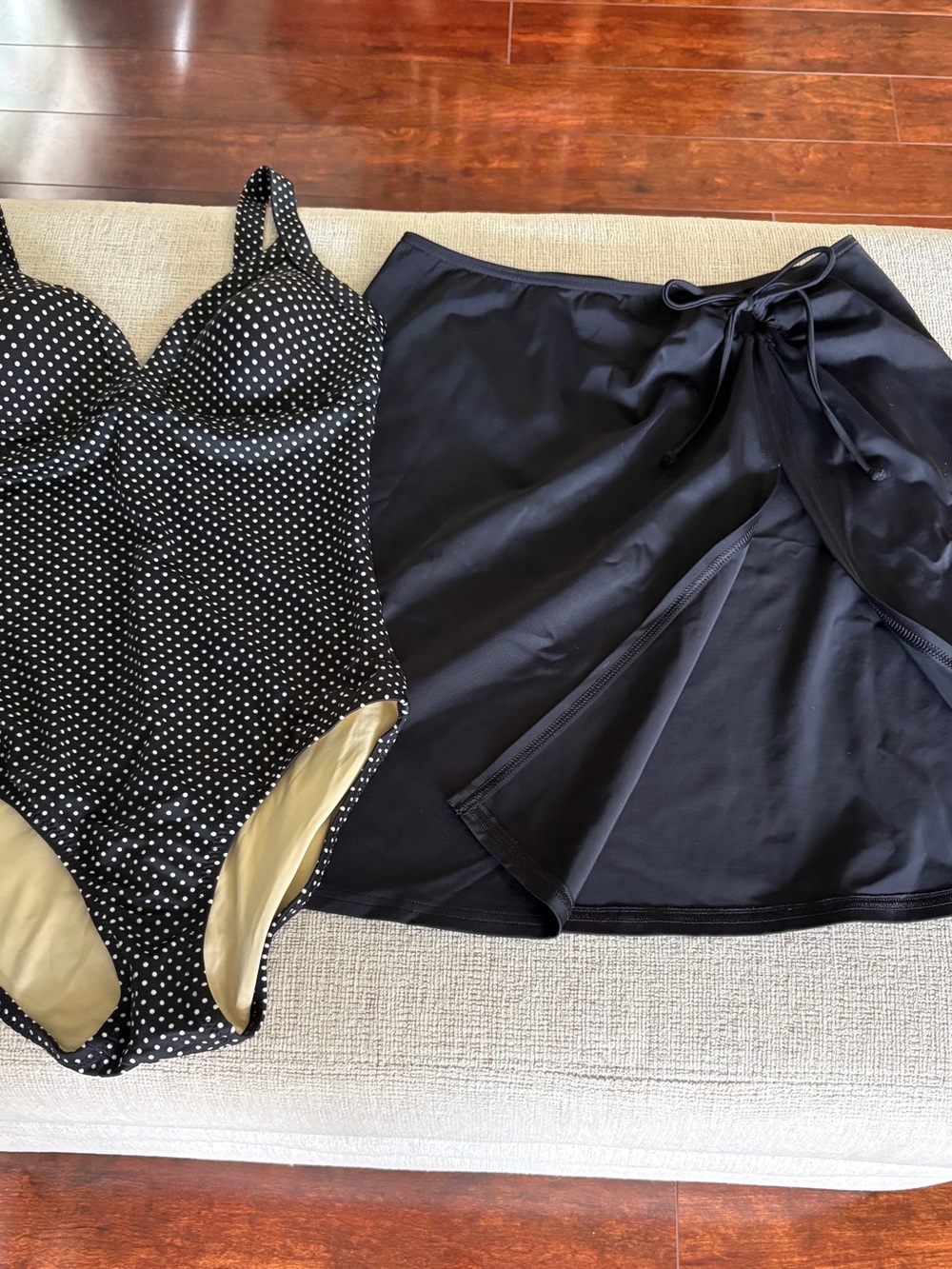 Lands' End Black Polka Dot One-Piece Swimsuit with Black Swim Skirt